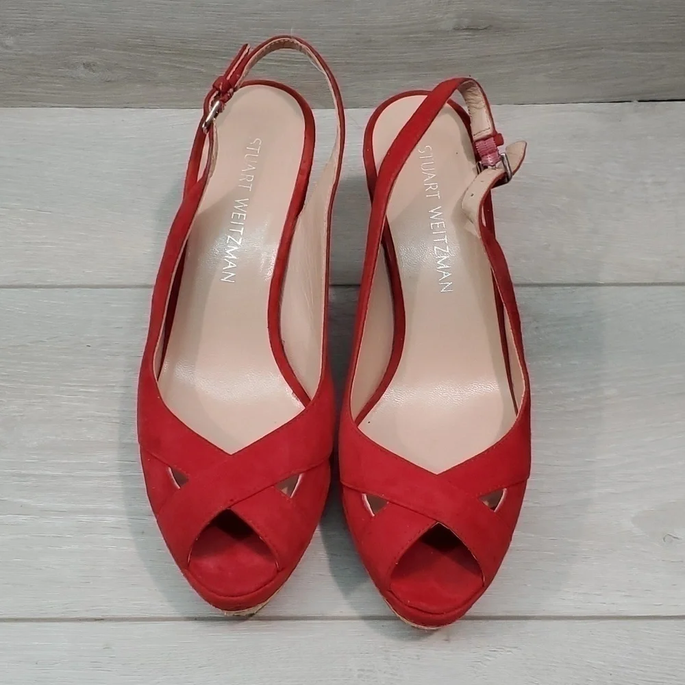 Stuart Weitzman Womens Ankle Suede Slingback Wedge Sandals shoes sz 7.5M